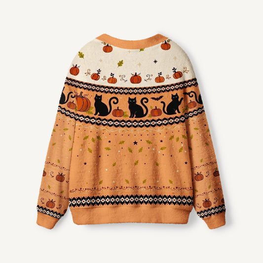 Pumpkin Spell Black Cat Print Ugly Cardigan Sweaters
