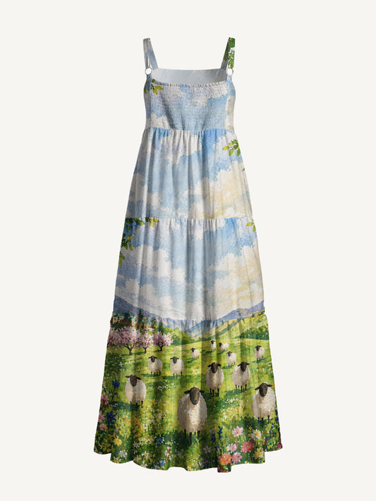 Spring Meadow Sheep and Blossoms Landscape Print Wide Straps Maxi Dress With Pockets
