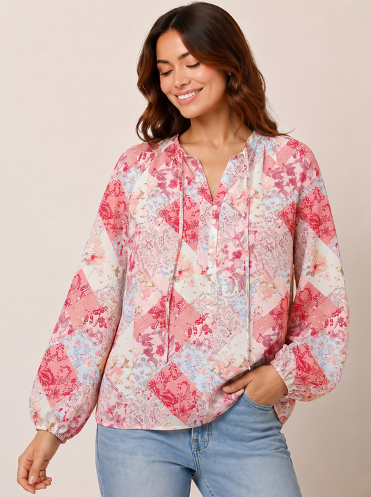 Shabby Chic Floral Patchwork Print Boho Long Sleeve Tie‑Neck Blouse