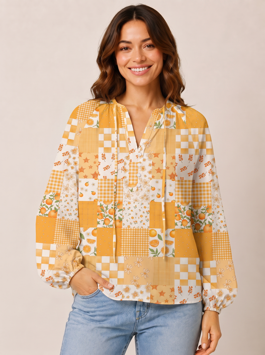 Lemon Sunshine Patchwork Print Boho Long Sleeve Tie‑Neck Blouse