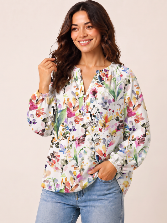 Watercolor Wildflower Print Boho Long Sleeve Tie‑Neck Blouse