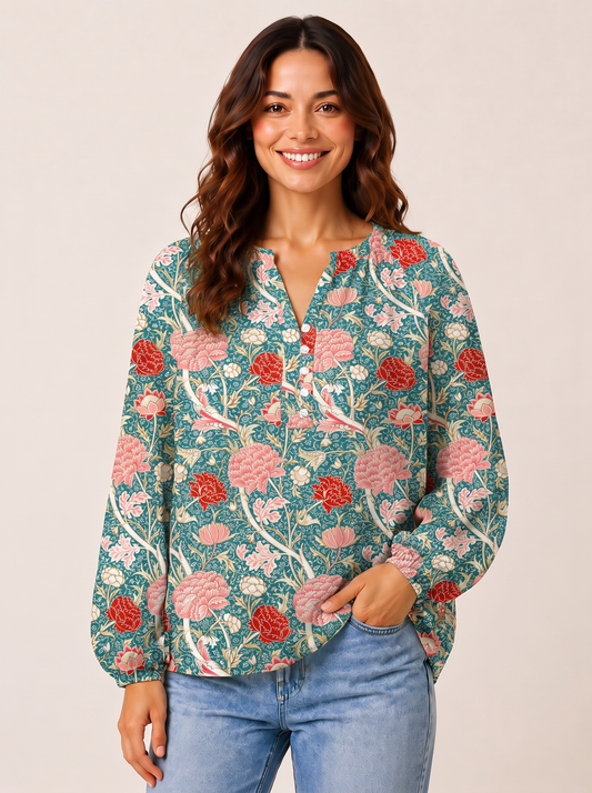 Vintage Peony Lotus Floral Print Boho Long Sleeve Tie‑Neck Blouse