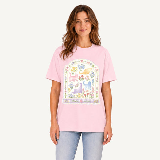 Gingham Cats Arch Frame Print Crew Neck Cotton Tee