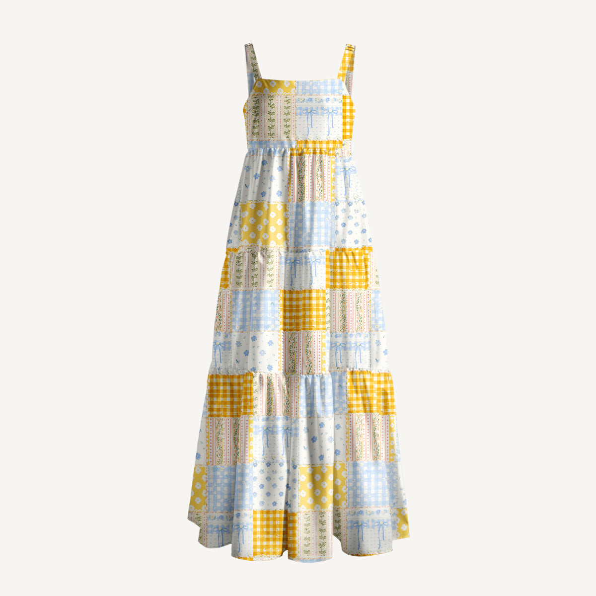 Pastel Floral Patchwork Quilt Pattern Print Wide Straps Maxi Dress With Pockets