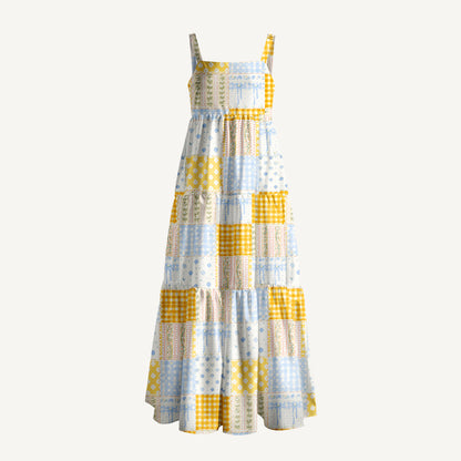 Pastel Floral Patchwork Quilt Pattern Print Wide Straps Maxi Dress With Pockets