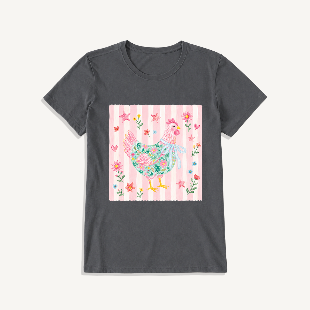 Cozy Floral Hen Nook Print Crew Neck Cotton Tee