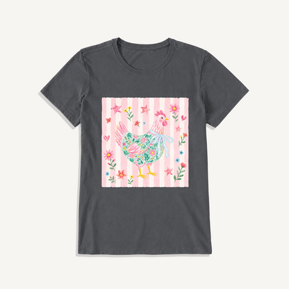 Cozy Floral Hen Nook Print Crew Neck Cotton Tee