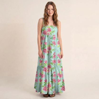 Rose Mint Polka Dot Printed Wide Straps Maxi Dress With Pockets