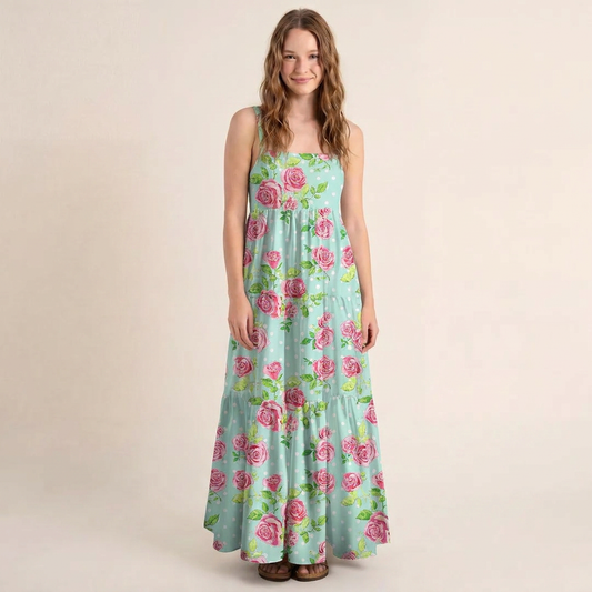 Rose Mint Polka Dot Printed Wide Straps Maxi Dress With Pockets