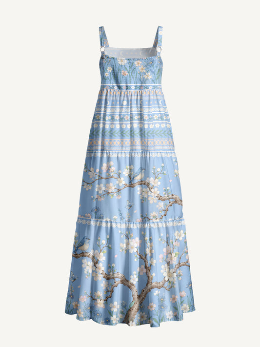 Almond Blossoms Under the Stars Print Wide Straps Maxi Dress With Pockets