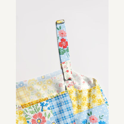Blue Flower Print Patchwork Wide Straps Maxi Dress With Pockets