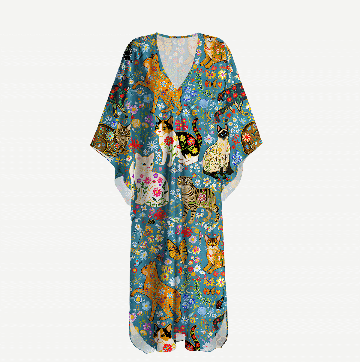 V‑Neck Colorful Garden Cat Kimono Sleeve Kaftan Dress