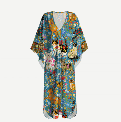 V‑Neck Colorful Garden Cat Kimono Sleeve Kaftan Dress