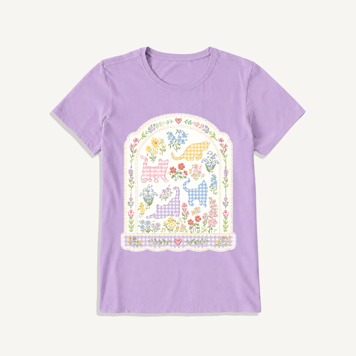 Gingham Cats Arch Frame Print Crew Neck Cotton Tee