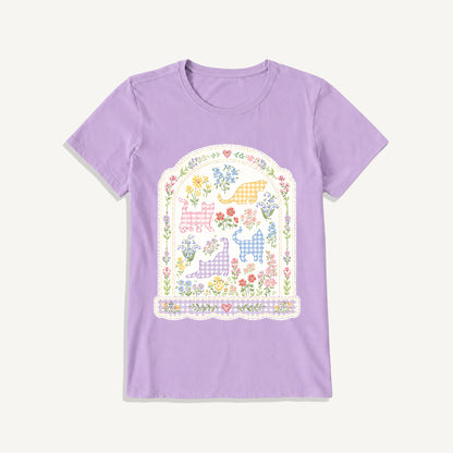 Gingham Cats Arch Frame Print Crew Neck Cotton Tee