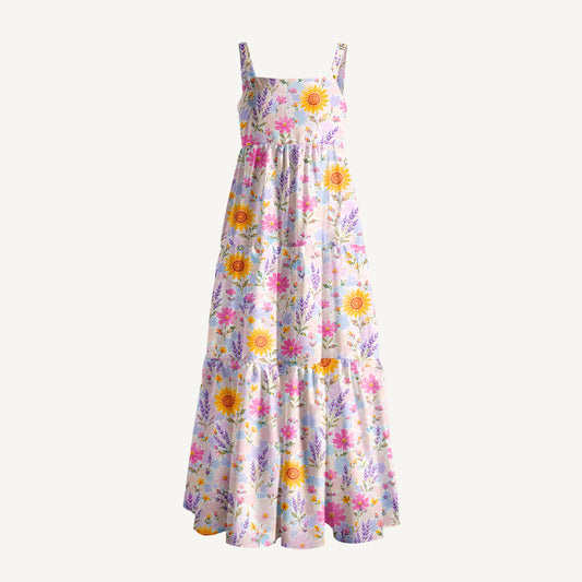Strawberry Floral Print Wide Straps Maxi Dress With Pockets