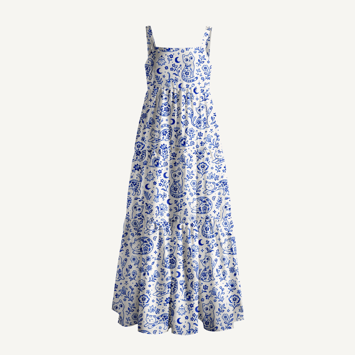 Delft Blue Bloom Cat Dream Print Wide Straps Maxi Dress With Pockets