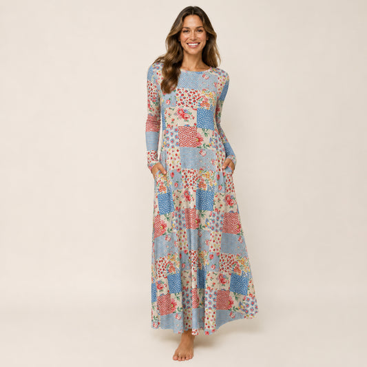 Pastel Patc Print Soft-Touch Stretch Knit Long Sleeve Maxi Dress with Pockets