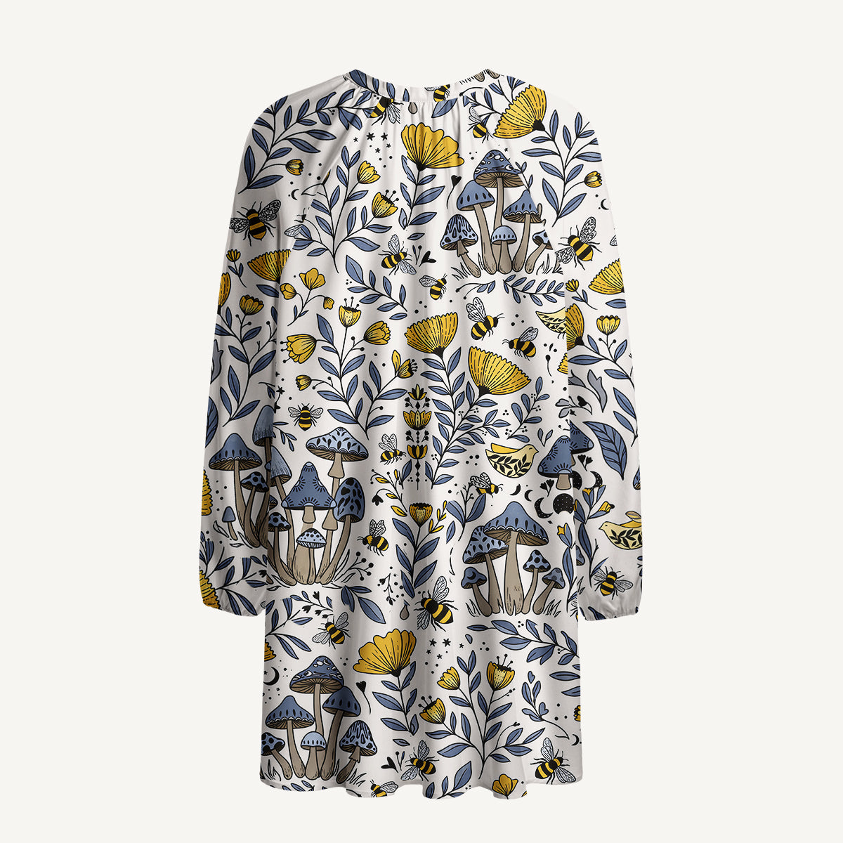 Bee Whisper Forest Print Boho Tie‑Neck Smock Mini Dress