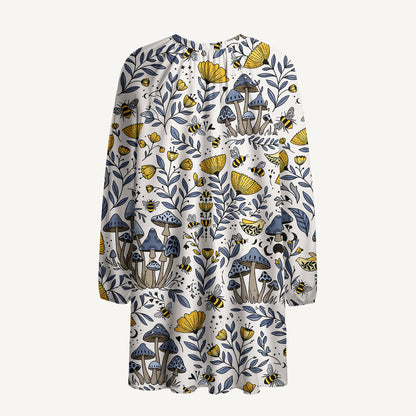 Bee Whisper Forest Print Boho Tie‑Neck Smock Mini Dress