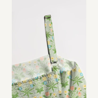Retro Green Floral Meadow Print Wide Straps Maxi Dress With Pockets