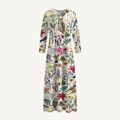 Whimsical Woodland Birds Wildflowers Print Soft-Touch Stretch Knit Long Sleeve Maxi Dress with Pockets