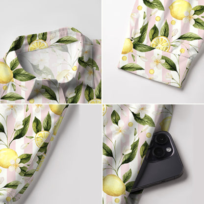 V Neck Collared Lemon Grove Sunshine Print Mini Dress For Women With Pockets
