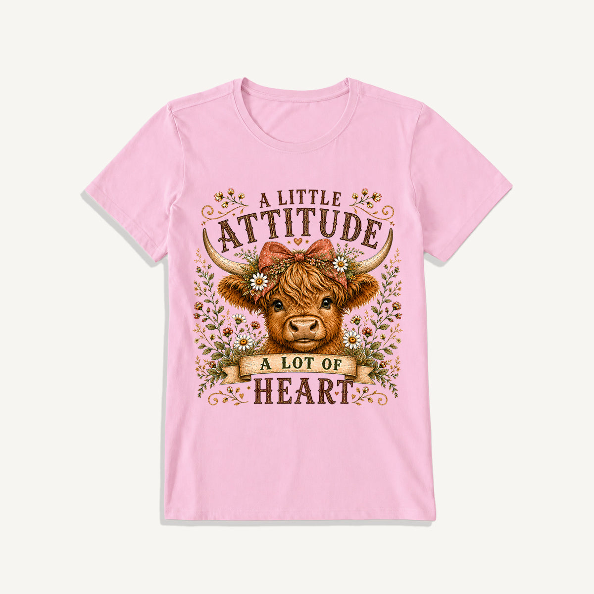 Little Attitude Highland Cow Print Crew Neck Cotton Tee