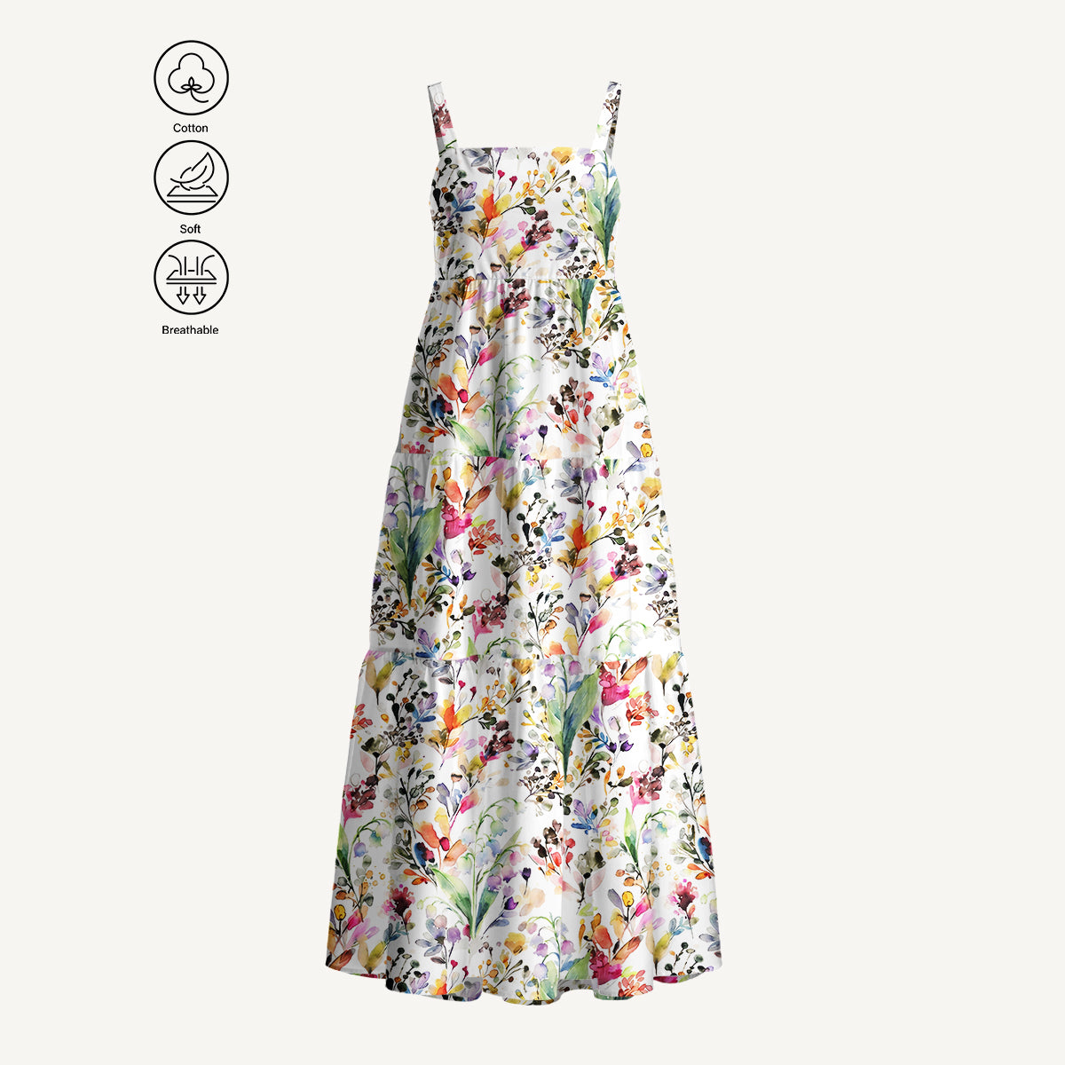 Watercolor Wildflower Garden Print Cotton Wide Straps Maxi Dress With Pockets