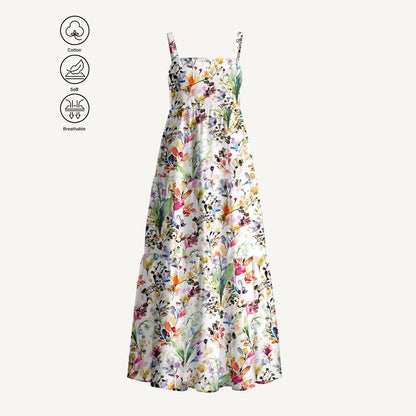 Watercolor Wildflower Garden Print Cotton Wide Straps Maxi Dress With Pockets
