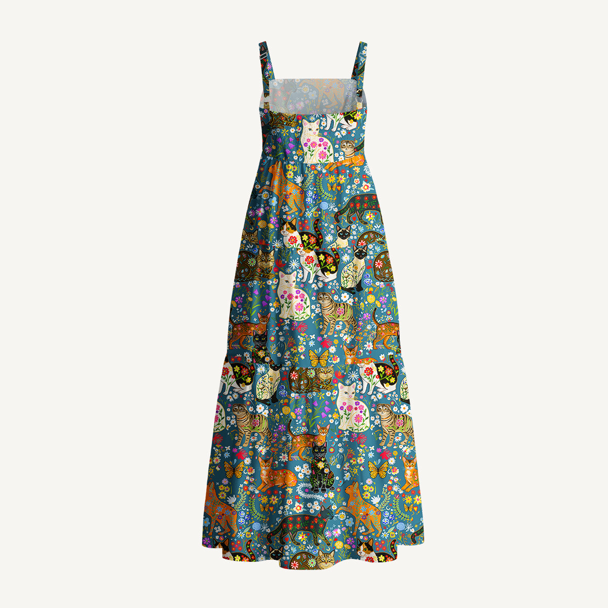 Colorful Garden Cat Pattern Print Cotton Wide Straps Maxi Dress With Pockets