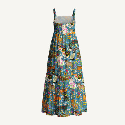 Colorful Garden Cat Pattern Print Cotton Wide Straps Maxi Dress With Pockets