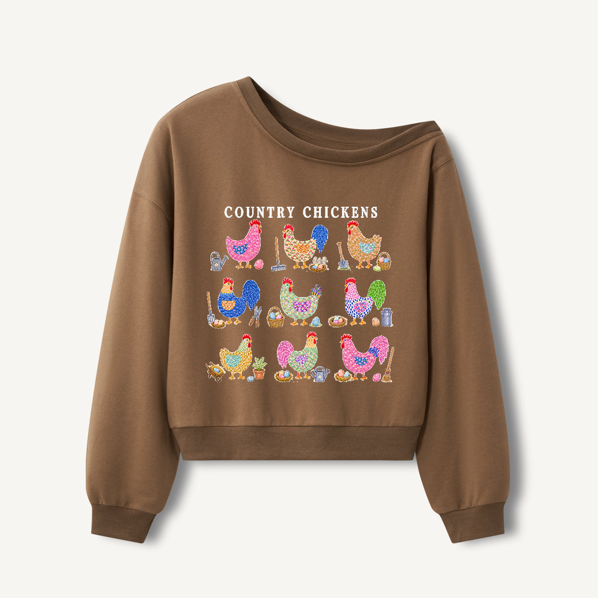 Cottage Chicken Collection Print Off Shoulder Sweatshirts