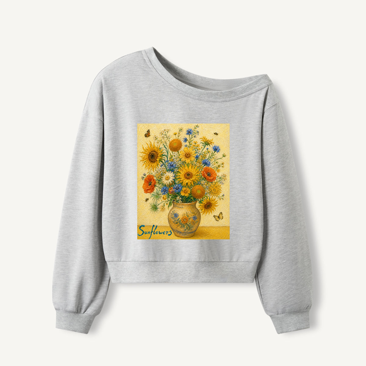 Sunflower Bouquet Print Off Shoulder Sweatshirts