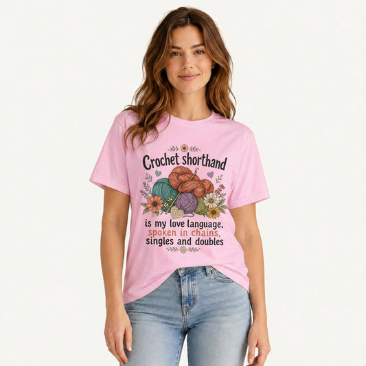 Crochet Love Language Print Crew Neck Cotton Tee