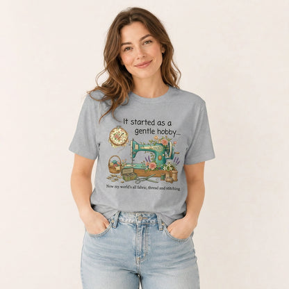 Gentle Hobby Floral Sewing Print Crew Neck Cotton Tee