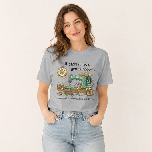 Gentle Hobby Floral Sewing Print Crew Neck Cotton Tee