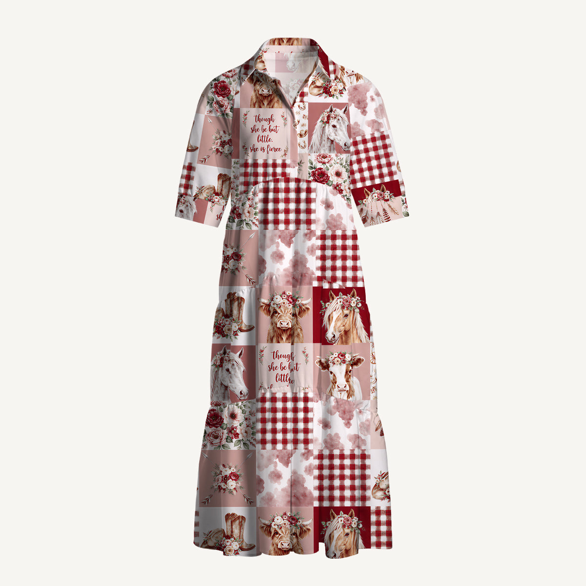 V Neck Collared Vintage Western Farm Quilt Pattern Print Casual Midi Dress With Pockets
