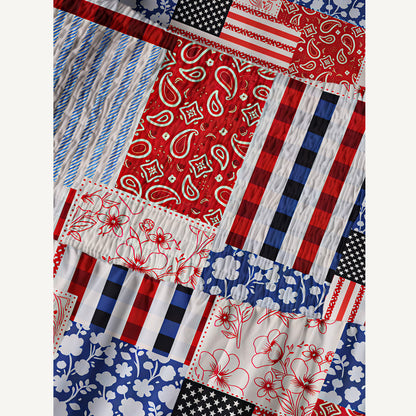 Patriotic Patchwork Print Cotton Wide Straps Maxi Dress With Pockets