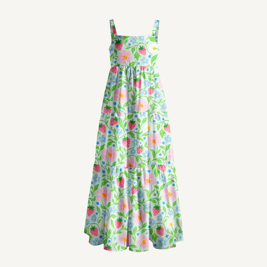 Strawberry Daisy Dream Print Wide Straps Maxi Dress With Pockets