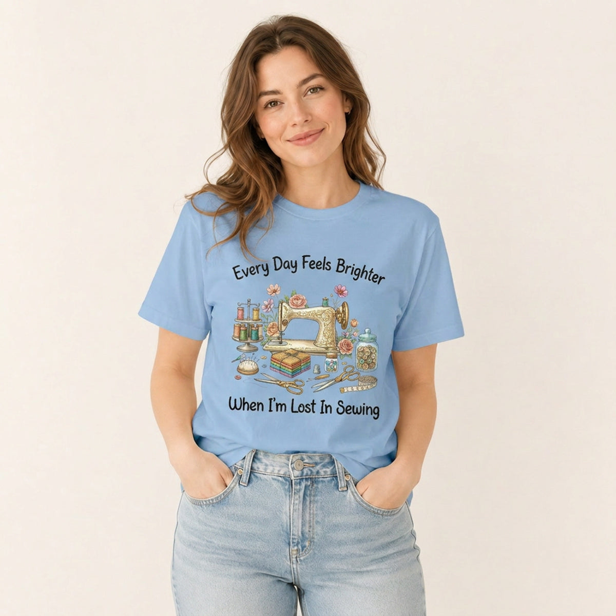 Lost in Sewing Joy Print Crew Neck Cotton Tee