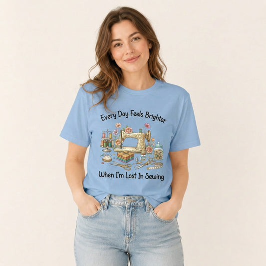 Lost in Sewing Joy Print Crew Neck Cotton Tee