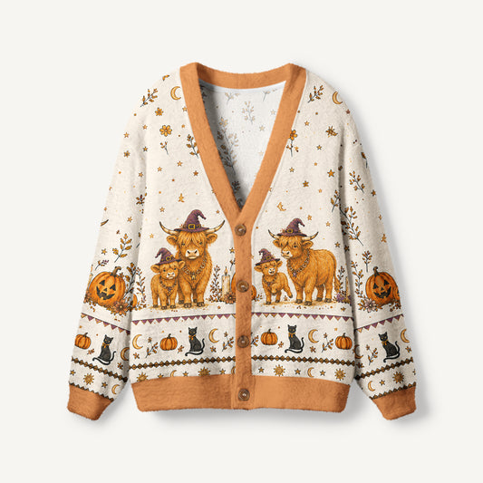 Witchy Highland Cow Harvest Print Ugly Cardigan Sweaters