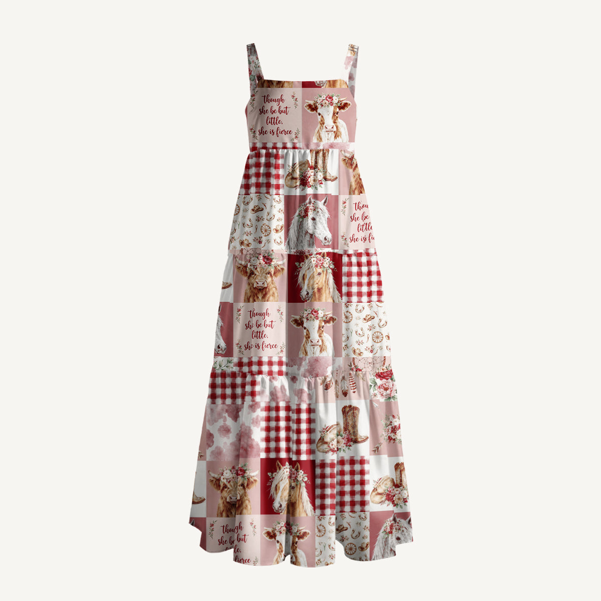 Vintage Western Quilt Horse Cow Print Wide Straps Maxi Dress With Pockets