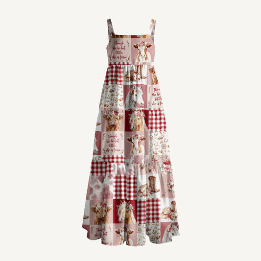 Vintage Western Quilt Horse Cow Print Wide Straps Maxi Dress With Pockets