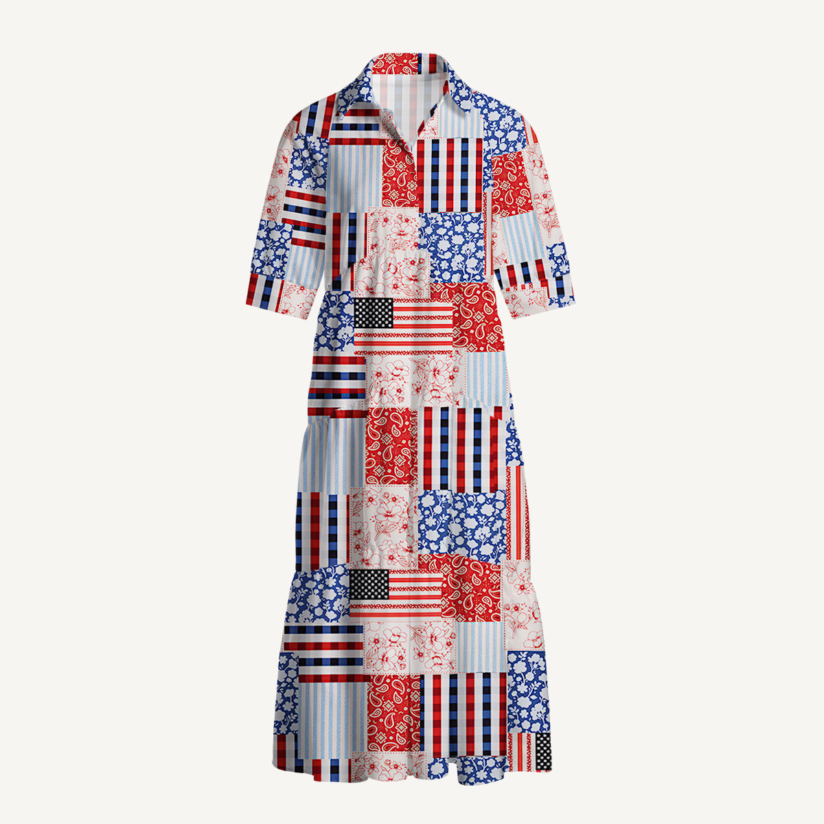 Patriotic Patchwork Quilt Print Casual Midi Dress With Pockets