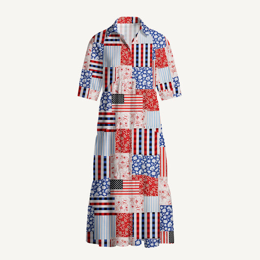 Patriotic Patchwork Quilt Print Casual Midi Dress With Pockets