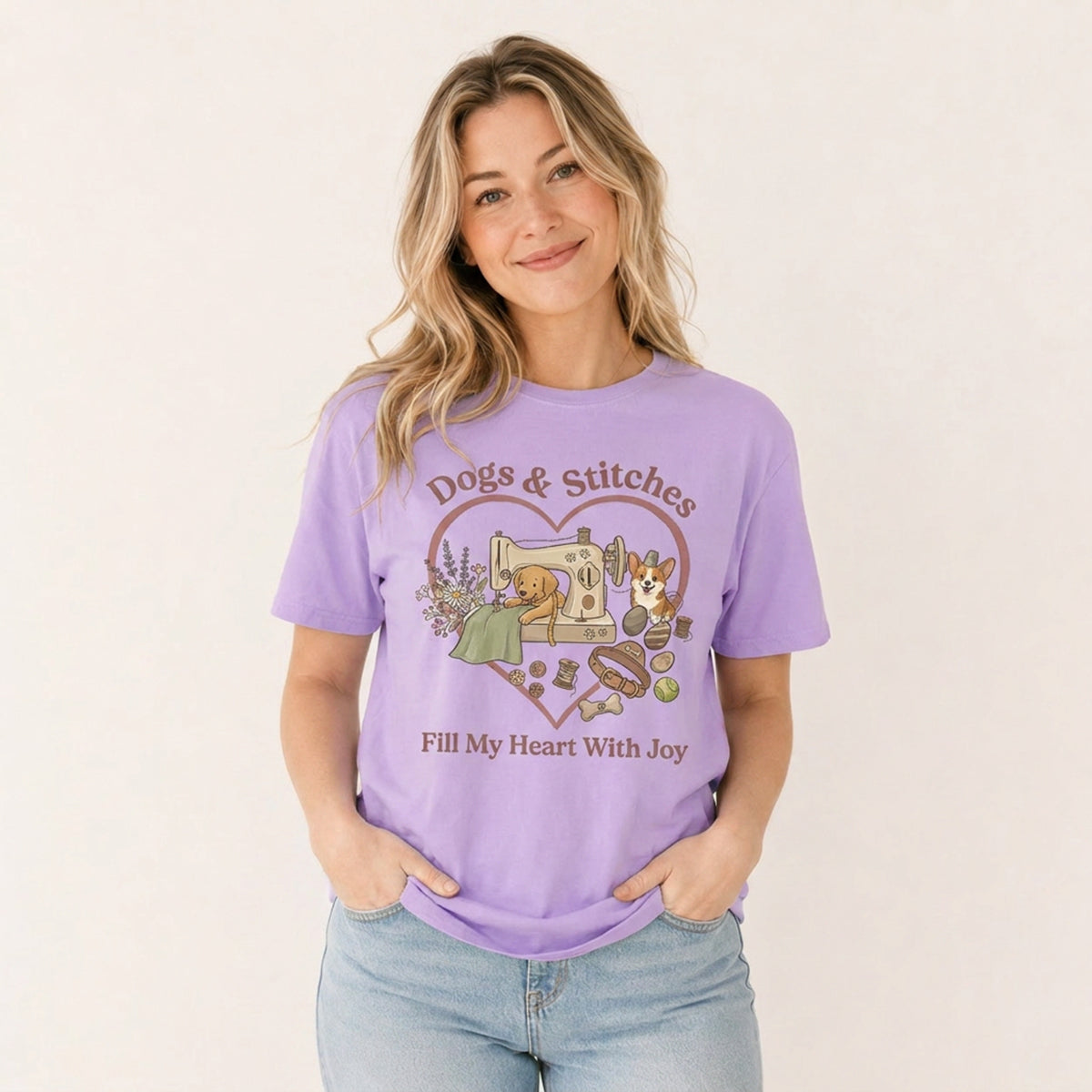 Puppy Stitches and Joy Print Crew Neck Cotton Tee