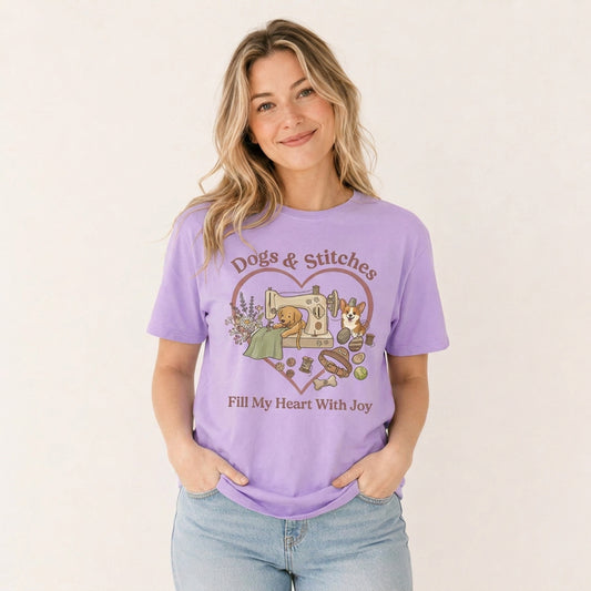 Puppy Stitches and Joy Print Crew Neck Cotton Tee