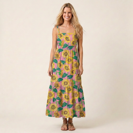 Vibrant Sunflower Floral Print Wide Straps Maxi Dress With Pockets